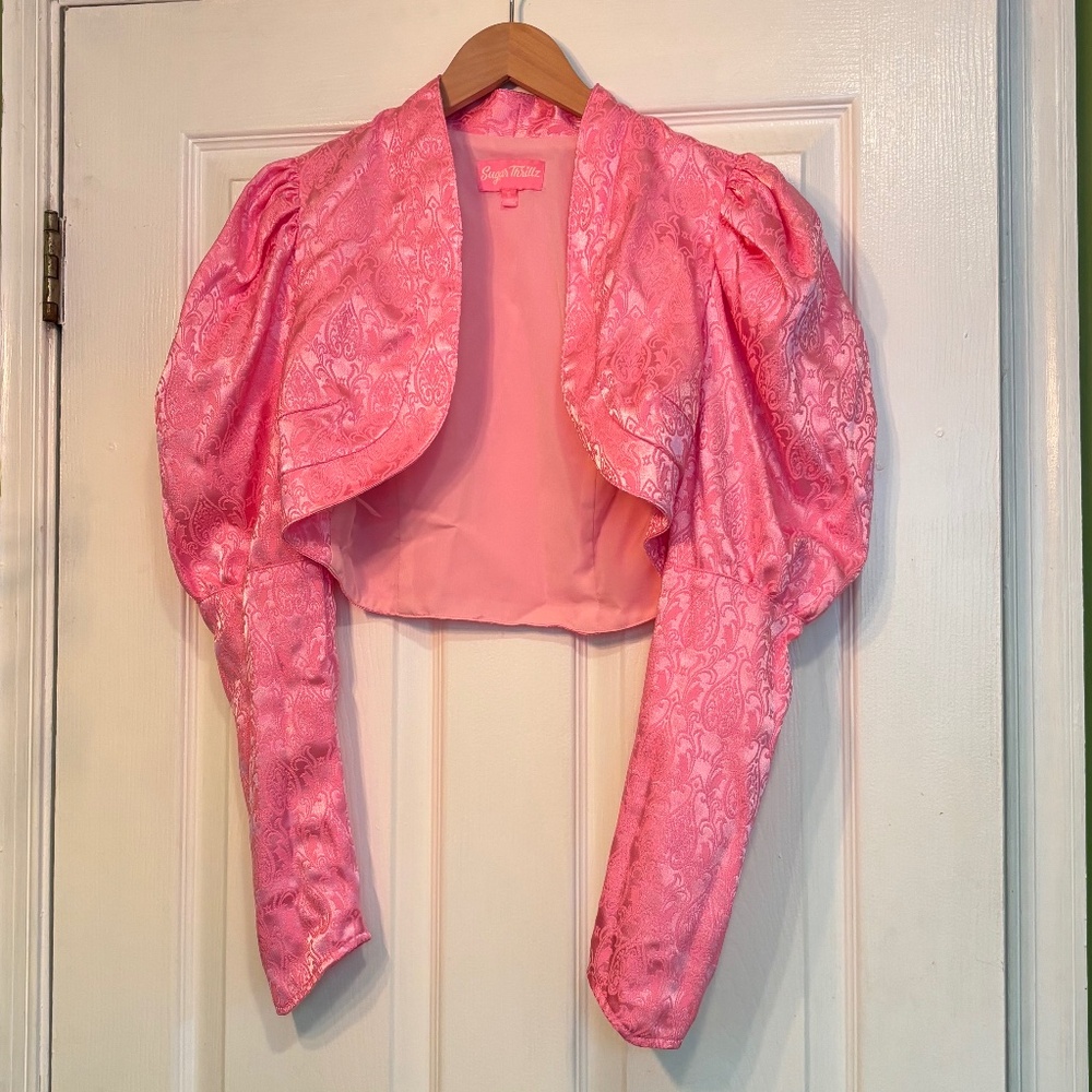 Sugar Thrillz Pink Brocade Puff Sleeve Cropped Blazer